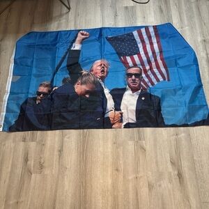 Blue Trump Flag with Figures and American Flag